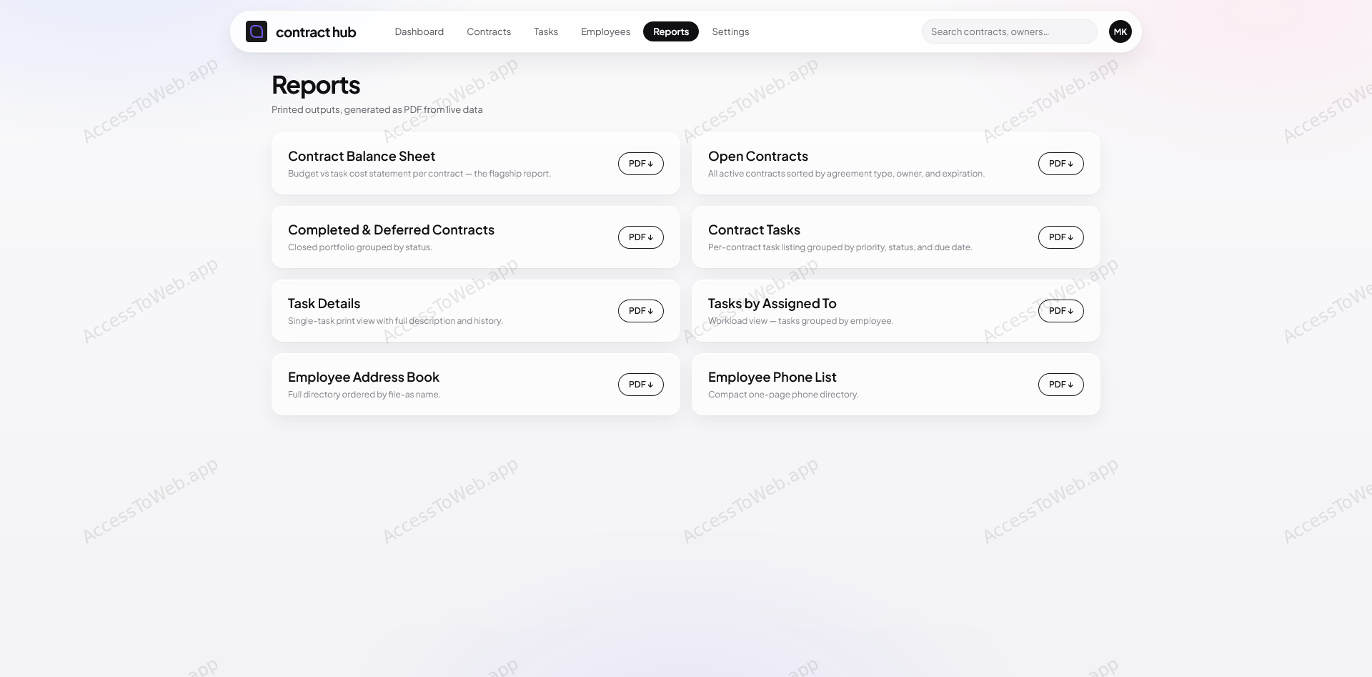 The reports screen offering eight print-ready PDF outputs including contract balance sheet, open contracts, contract tasks, tasks by assigned to, employee address book and employee phone list