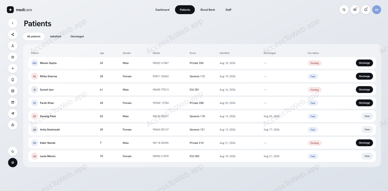 MediCare patient register listing patients with age, gender, mobile number, assigned room, admission and discharge dates and a paid or pending fee status, with one-click discharge buttons and tabs for all, admitted and discharged patients